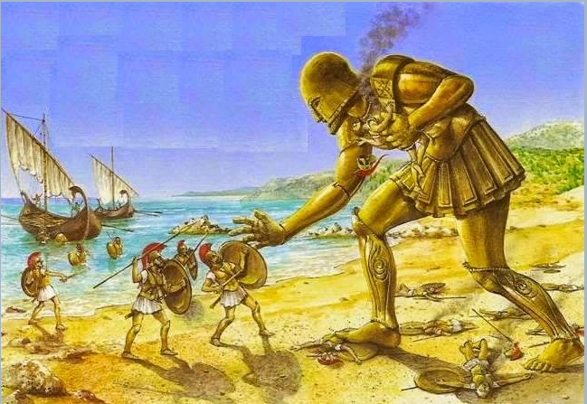 An artists impression of the ancient Greek automaton Talos fighting off some hoplites that have landed on the shore of Crete